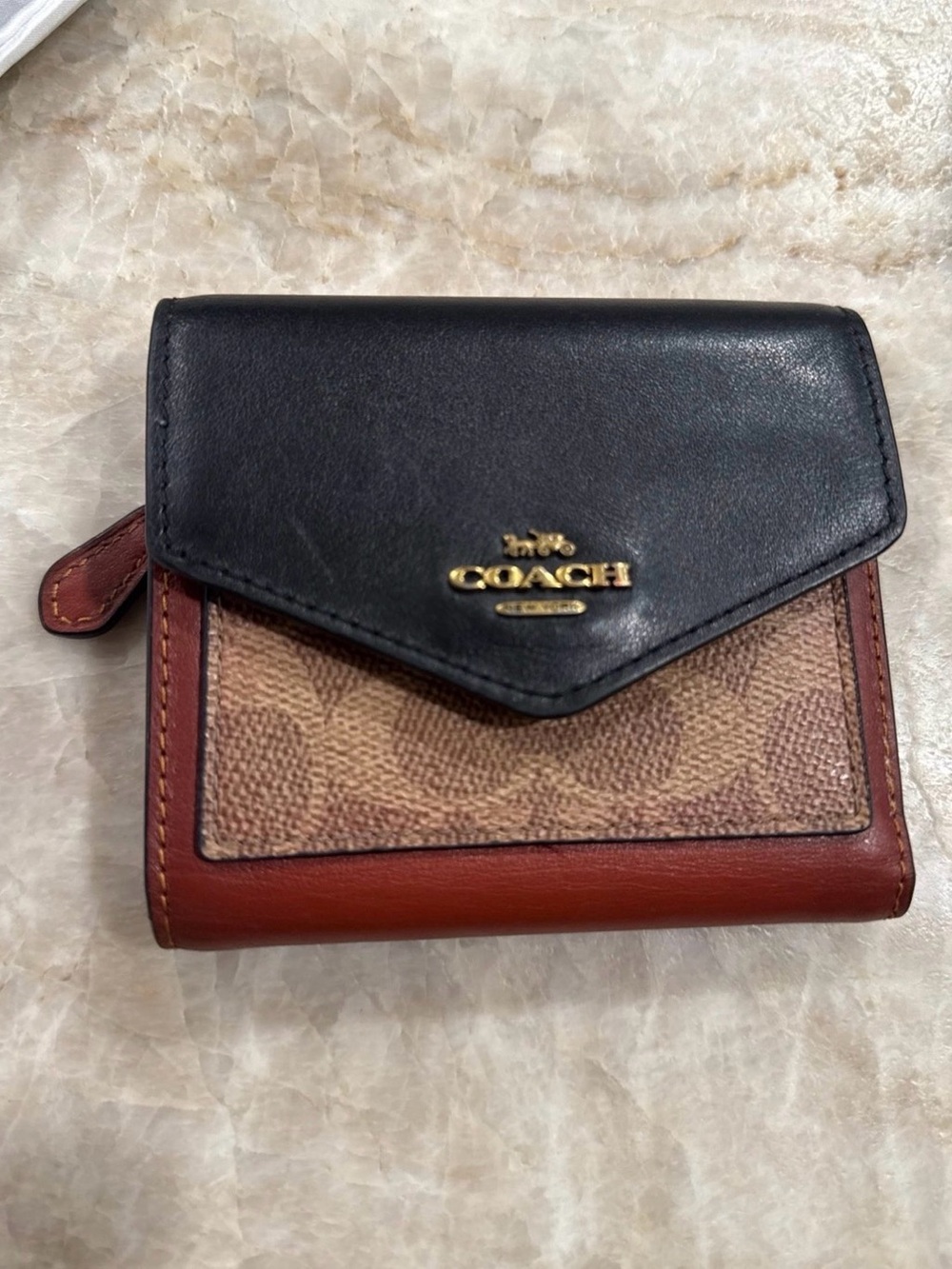 Coach Black, Brown & Tan colorblock Signature Compact Trifold Wallet